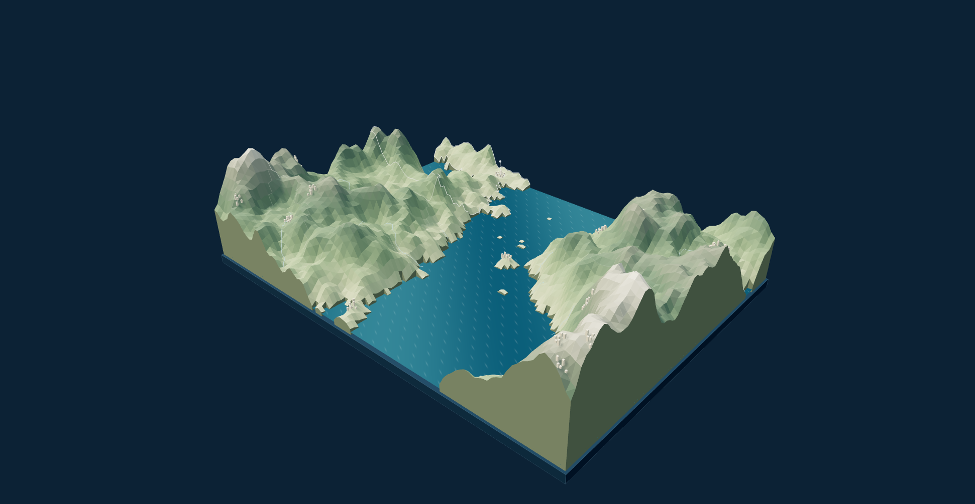 The recorded Meridia country in relief, with mountains, water and illustrative settlements.